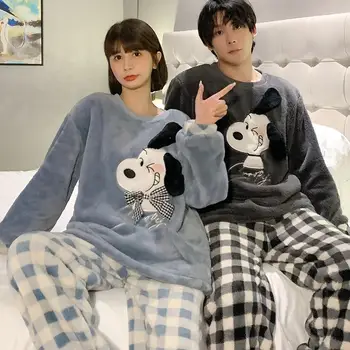 2022 Nové Zimné Japonské Snoopy Zahusťovanie Fleece Mužov a Žien Pár Pyžamo M-2Xl Cartoon Udržať v Teple Domova Oblečenie Set 2ks