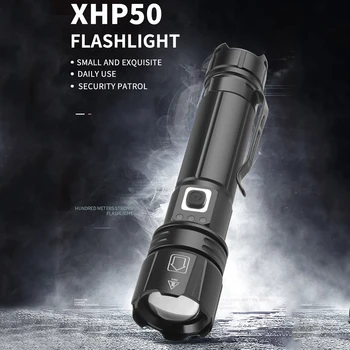 Vysoký Výkon XHP50 Nabíjateľná Led Baterka Pochodeň Zoomovateľnom Vodotesné Svietidlo Pre Kempovanie Vonkajšie Núdzové Pracovné Osvetlenie